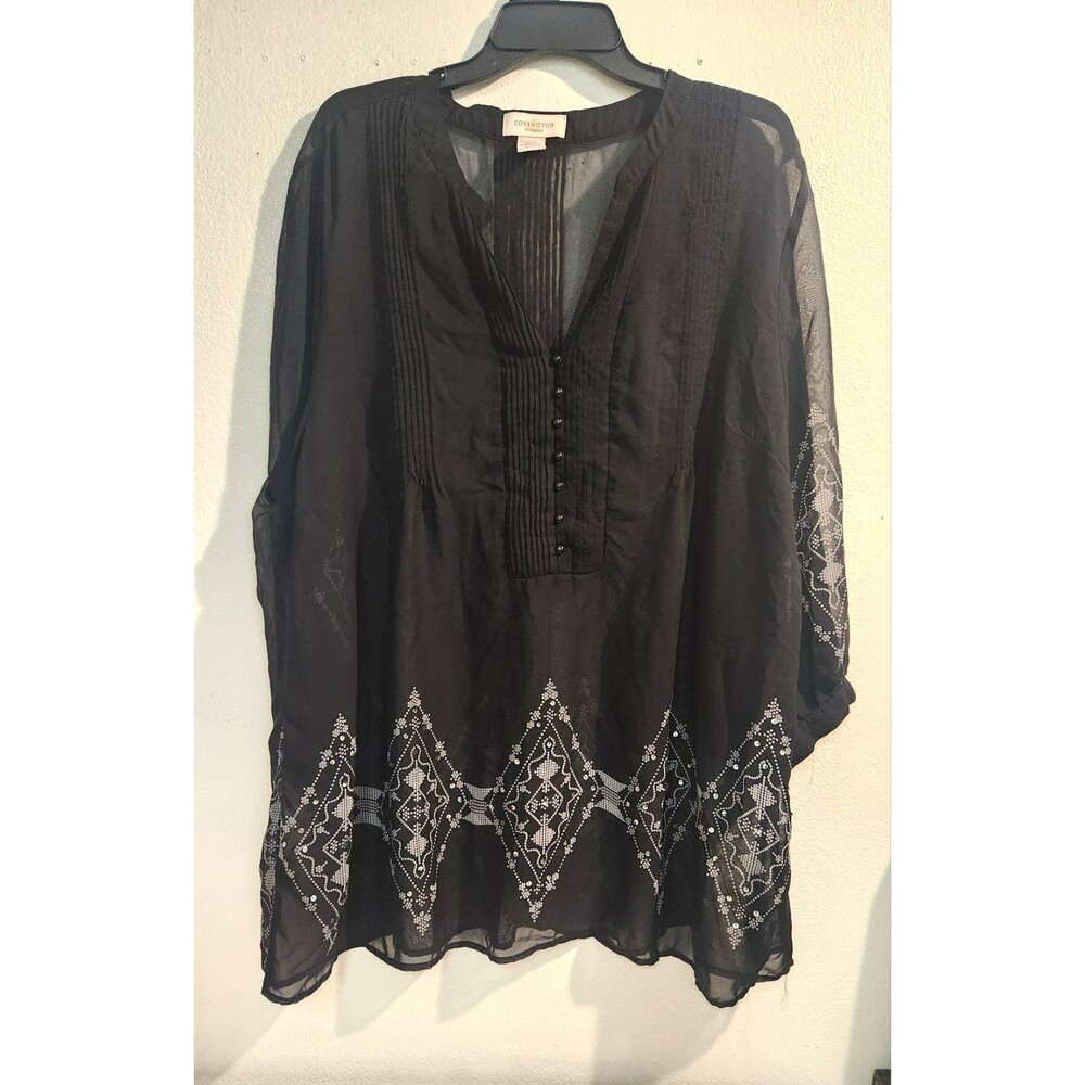 CovingtonWoman Plus Size 24/26W Black Embroidered Sheer Chiffon Tunic Blouse Top